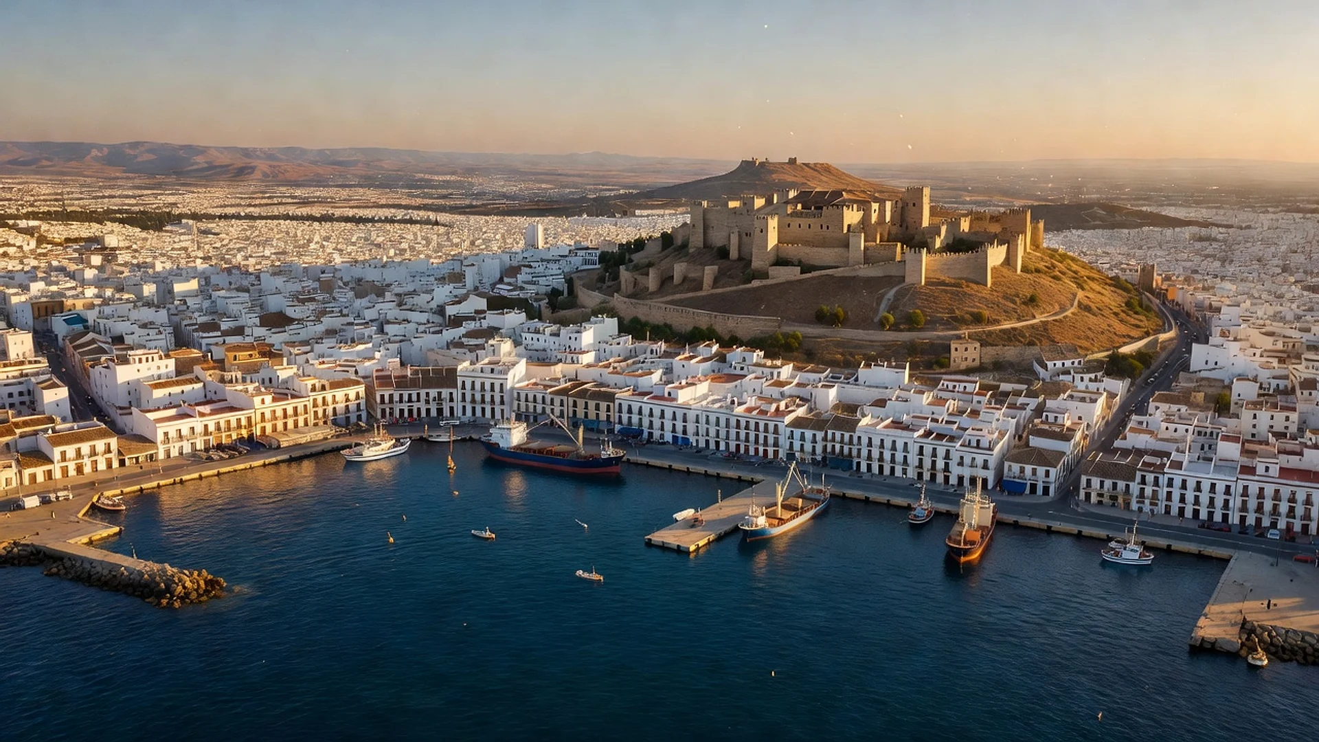 Vista aérea de Almería desde el mar de Alborán, con la ciudad y la bahía bajo el sol del sur.